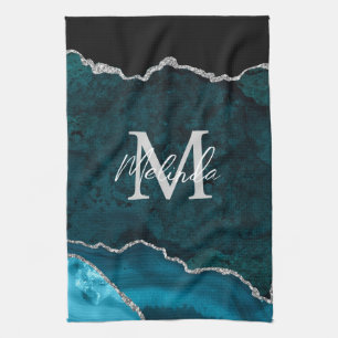 Linge De Cuisine Agate de marbre bleu turquoise et argenté
