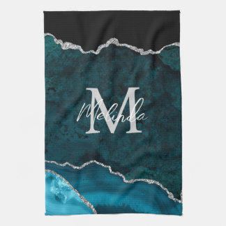 Linge De Cuisine Agate de marbre bleu turquoise et argenté