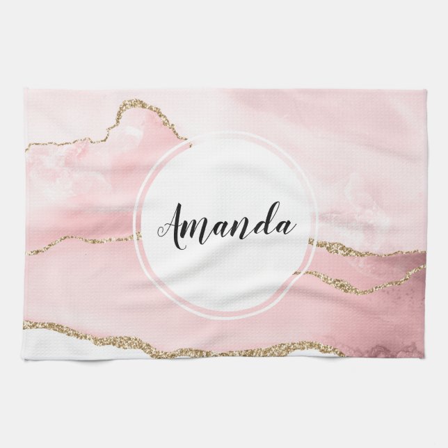 Linge De Cuisine Agate rose vierge avec ruban or Élégant (Horizontal)