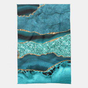 Linge De Cuisine Agate Turquoise Blue Gold Parties scintillant Marb