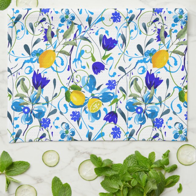 Linge De Cuisine Agrumes d'été, citrons, fleurs méditerranéennes   (Plié)