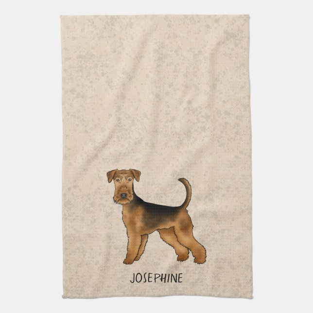 Linge De Cuisine Airedale Terrier Cute Dessin Chien Et Nom Beige (Vertical)