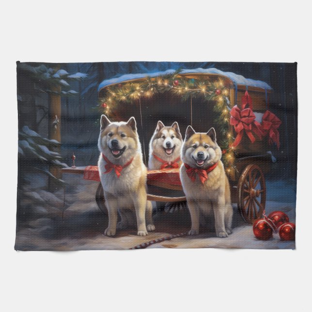 Linge De Cuisine Akita Snowy Sleigh Ride Décor de Noël (Horizontal)