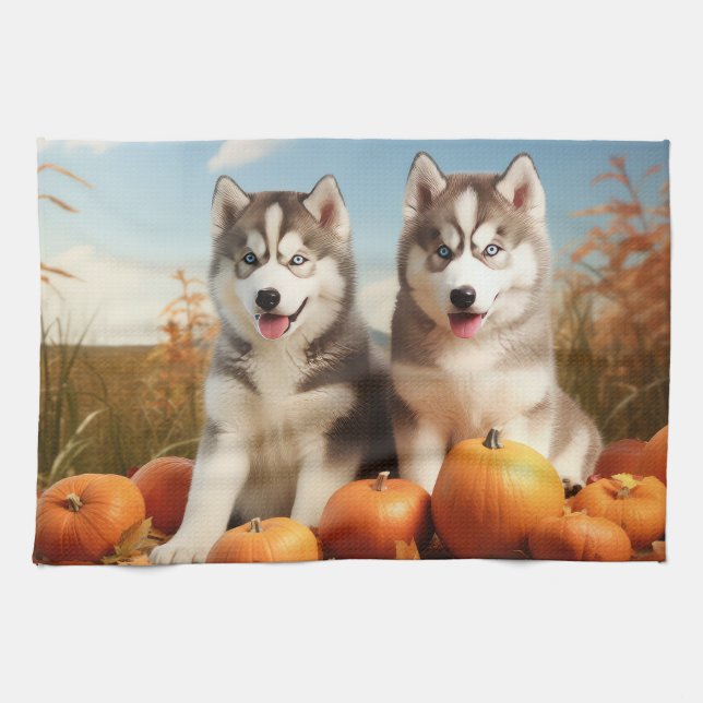 Linge De Cuisine Alaskan Malamute Chiot Automne Citrouille délice (Horizontal)