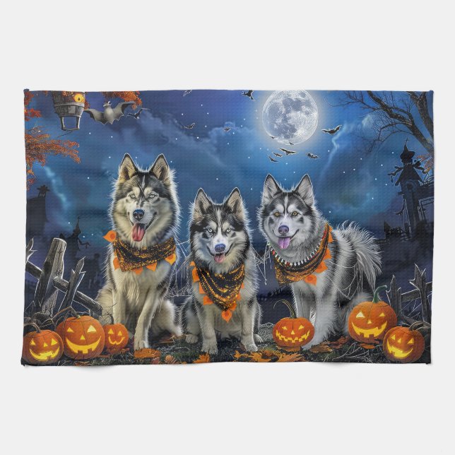 Linge De Cuisine Alaskan Malamute Halloween Éffrayant (Horizontal)