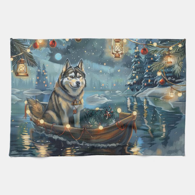 Linge De Cuisine Alaskan Malamute Noël Festive Voyage (Horizontal)