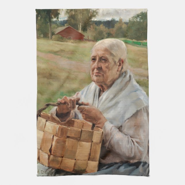 Linge De Cuisine Albert Edelfeel - Vieille femme avec panier à pinc (Vertical)