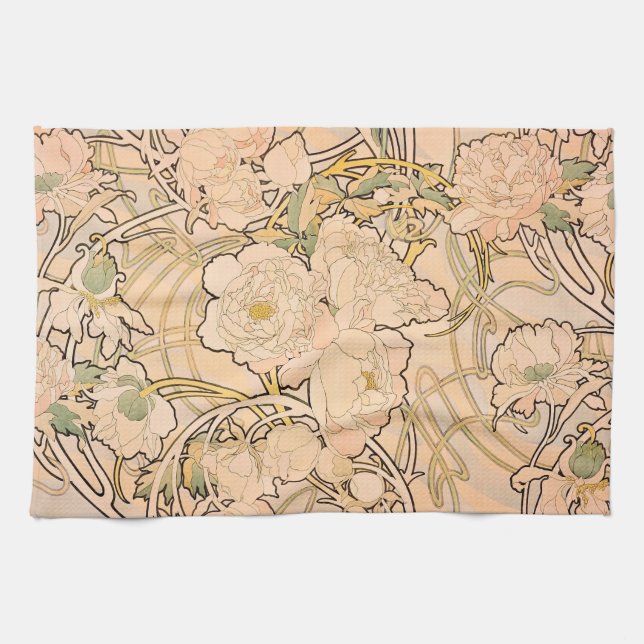 Linge De Cuisine Alfonse Mucha Art Nouveau Peonies (Horizontal)