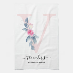 LINGE DE CUISINE ALPHABÈTES FLORAUX BLEUS BLEUS DOUX LETTRE V