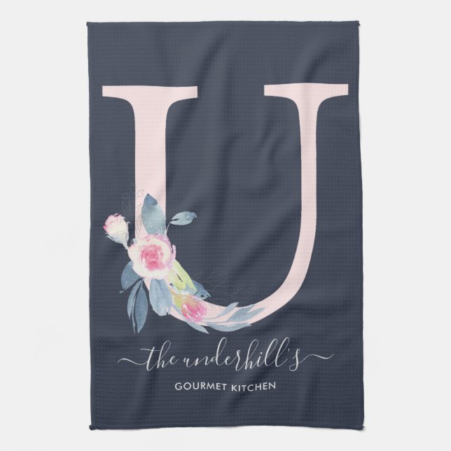 LINGE DE CUISINE ALPHABÈTES FLORAUX DE LA MARINE BLEU DOUX LETTRE U (Vertical)
