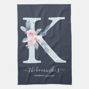 LINGE DE CUISINE ALPHABÈTES FLORAUX DE MARINE BLEU DOUX LETTRE K