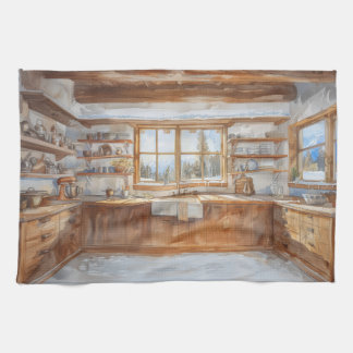 Linge De Cuisine Alpine Chalet Kitchen with Snowy Mountain View