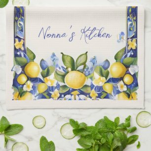 Linge De Cuisine Amalfi Lemons Méditerranéen Bleu & Citron Jaune