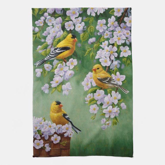 Linge De Cuisine American Goldfinches & Pink Apple Blossings (Vertical)