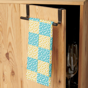 Linge De Cuisine Amour à carreaux en turquoise, jaune et blanc