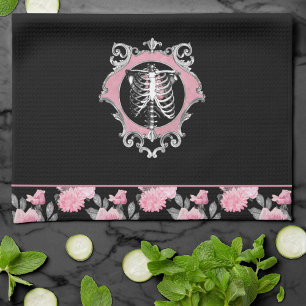 Linge De Cuisine Amour gothique   Squelette rose et noir Coeur flor