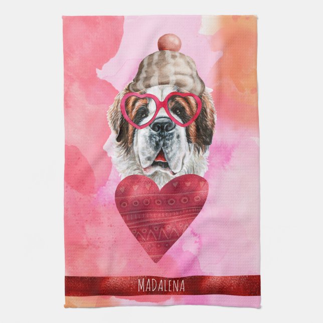 Linge De Cuisine Amoureux des chiens rose orange Saint Bernard (Vertical)