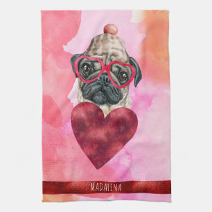 Linge De Cuisine Amoureux des chiens rose personnalisé Carlin cadea