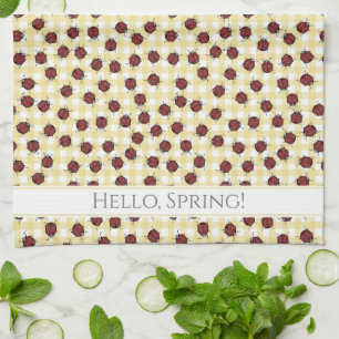 Linge De Cuisine Amusant Bonjour Printemps Vert En vichy dessiné à 