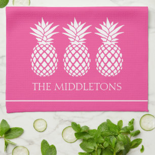 Linge De Cuisine Ananas blancs chic sur fond rose
