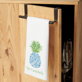 Linge De Cuisine Ananas Chinoiserie Bleu Blanc Preppy Personnalisé