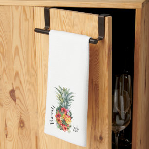 Linge De Cuisine Ananas Tropical Hawaii avec fleurs, Nom de famille