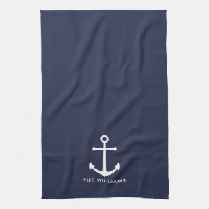 Linge De Cuisine Ancre blanche marine et nom personnalisé sur bleu