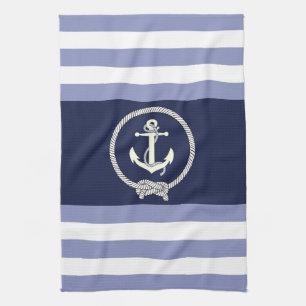 Linge De Cuisine Ancre blanche marine/noeud marine/bande bleue/blan