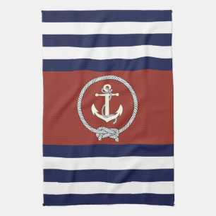 Linge De Cuisine Ancre blanche marine/noeud marine/bande bleue/blan