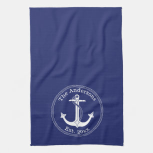 Linge De Cuisine Ancre blanche marine sur nom de famille bleu marin