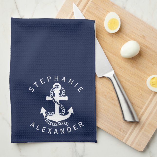 Linge De Cuisine Ancre bleue marine blanche {choisissez votre coule (Quart Plié)