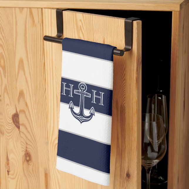 Linge De Cuisine Ancre bleue marine Monogramme côtier (Pliage en tiers)
