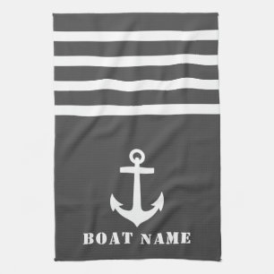 Linge De Cuisine Ancre classique nautique Votre nom de bateau Blanc