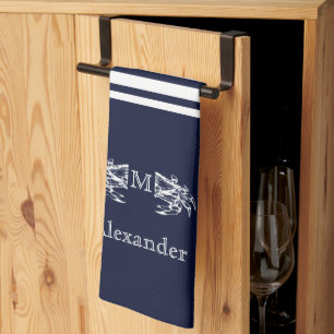 Linge De Cuisine Ancre de crabe bleu marine blanc avec monogramme K