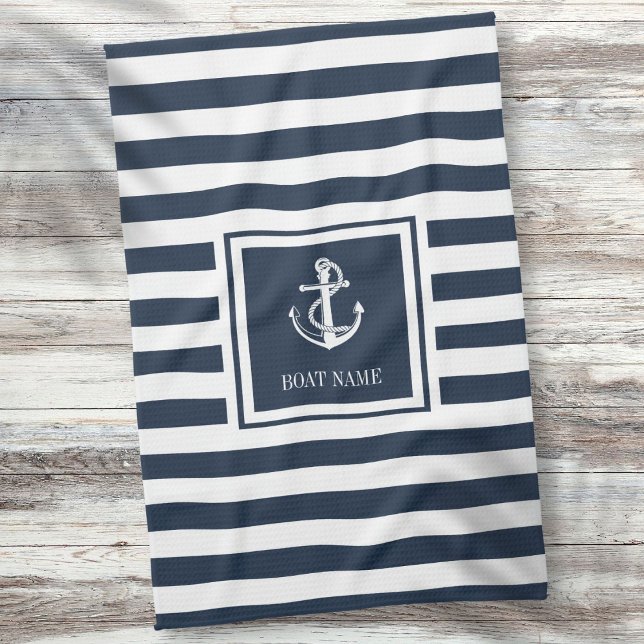 Linge De Cuisine Ancre marine Bleue à rayures Nautique Nom du batea (Navy Blue Striped Nautical Anchor Boat Name Kitchen Towel)