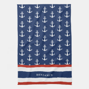 Linge De Cuisine Ancre marine personnalisée bleu rouge blanc