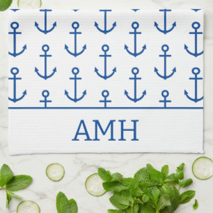 Linge De Cuisine Ancre nautique bleu et blanc simple Personnalisée