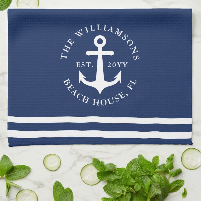 Linge De Cuisine Ancre nautique Lumière Marine Bleu Blanc Monogramm (Plié)