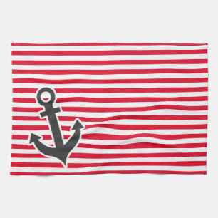 Linge De Cuisine Ancre Nautique; Rayures rouges Cadmium; Rayures