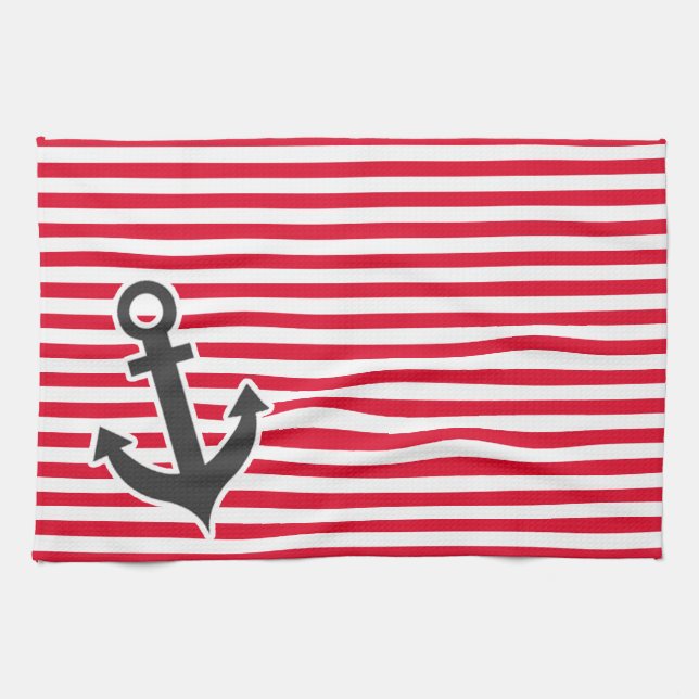 Linge De Cuisine Ancre Nautique; Rayures rouges Cadmium; Rayures (Horizontal)