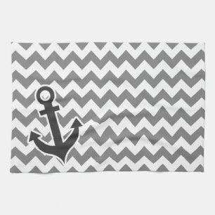 Linge De Cuisine Ancre nautique sur Dark Grey Chevron