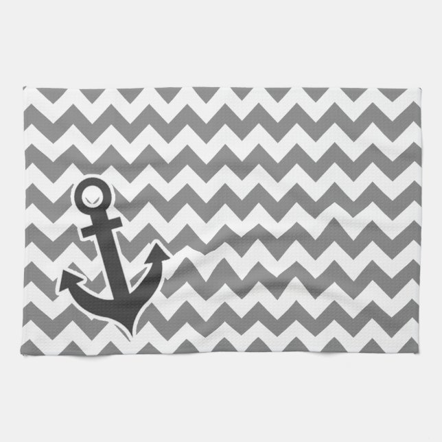 Linge De Cuisine Ancre nautique sur Dark Grey Chevron (Horizontal)