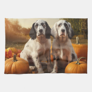 Linge De Cuisine Anglais Setter Puppy Automne Citrouille de plaisir