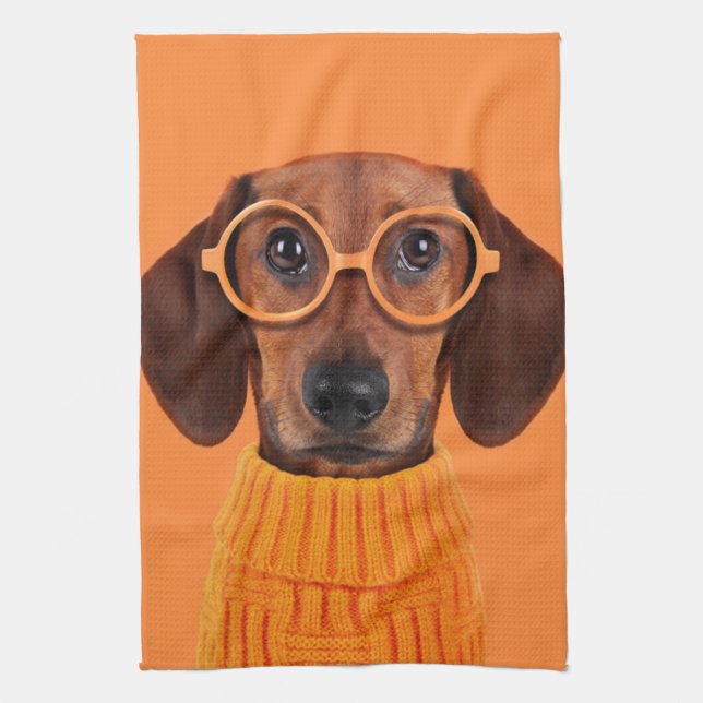 Linge De Cuisine Animaux de bébés cutest | Chandail orange Dachshun (Vertical)