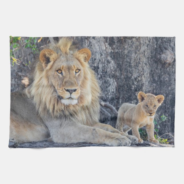 Linge De Cuisine Animaux de bébés cutest | Lion Dad & Cub (Horizontal)