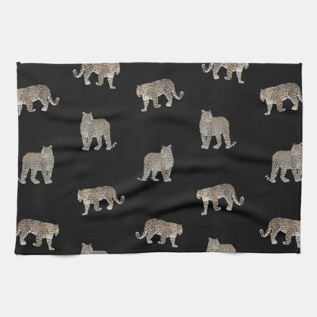 Linge De Cuisine Animaux de la jungle léopard doré noir moderne (Horizontal)