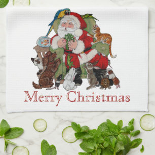 Linge De Cuisine Animaux de Noël Père Noël Chien Chat Amoureux d