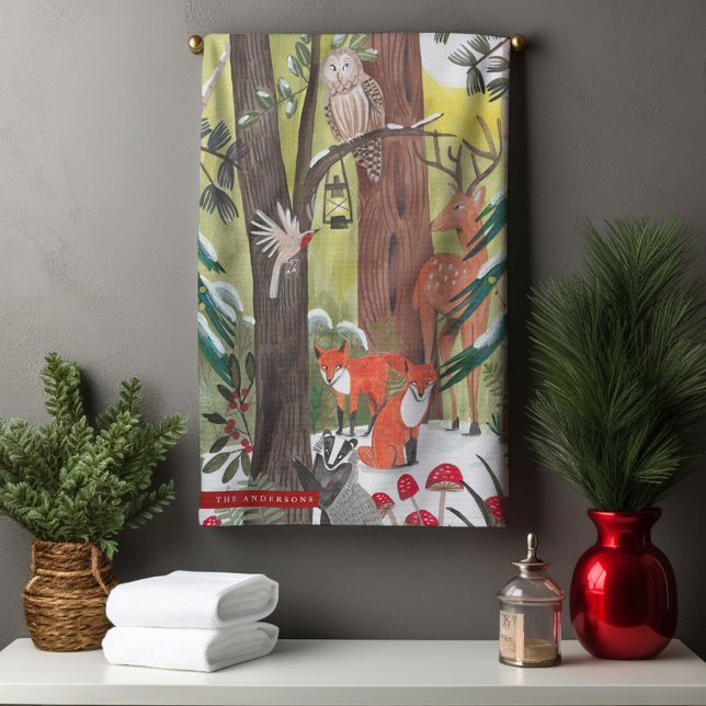 Linge De Cuisine Animaux mignons de la forêt verte de Noël (Cute woodland animals green forest Christmas Kitchen Towel)