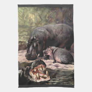 Linge De Cuisine Animaux sauvages vintages, Hippopotame par CE Swan