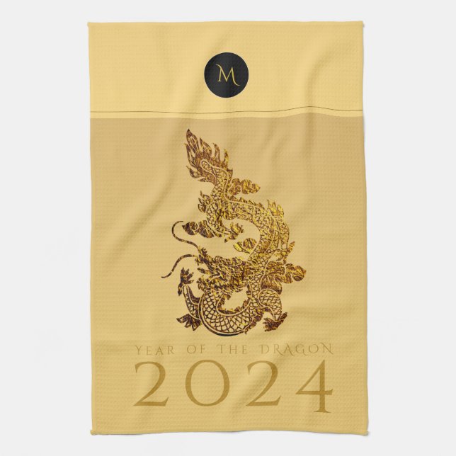 Linge De Cuisine Année Dragon Chinoise 2024 Élégant Monogramme KT (Vertical)